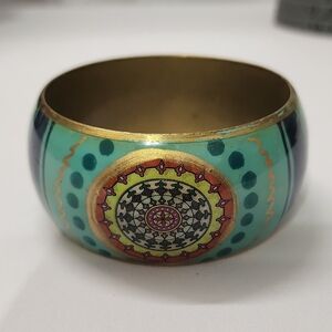Vintage Enamel Mandala Bangle Bracelet Brass Tone Indian Style Size 7